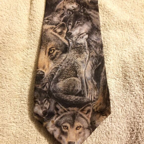 D'em Crazy Other - Vintage Men's Neck Tie D'em Crazy Wolves Brown D.C. Enterprises 1990's USA